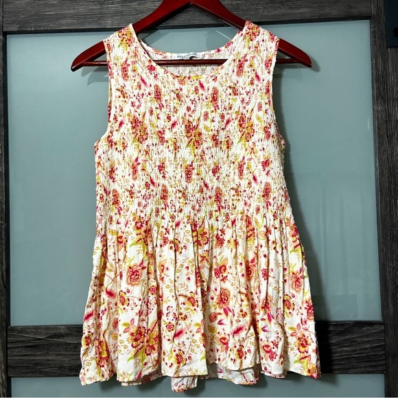 Rose & Olive Tops - Rose & Olive Smocked Floral Sleeveless Blouse Pink & Yellow Peplum Medium Fairy